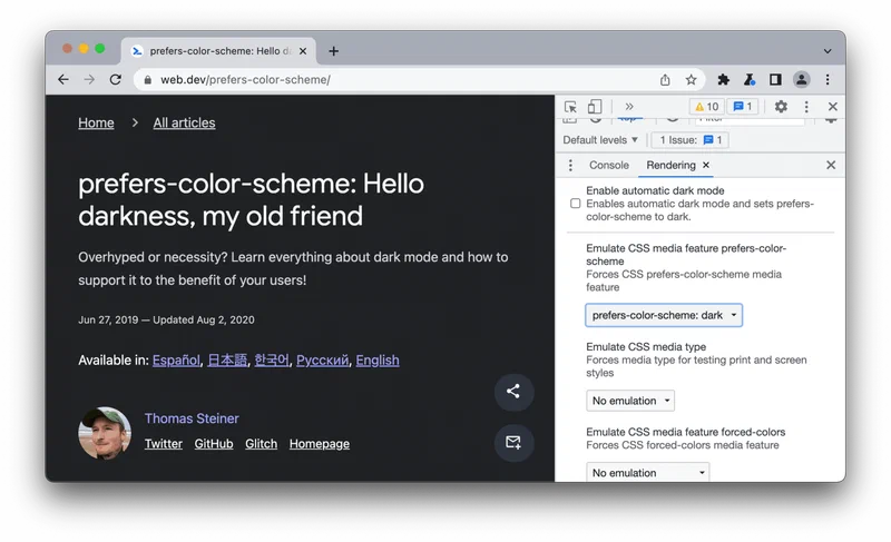 Chrome DevTools Rendering panel with prefers-color-scheme dark mode emulation dropdown selected