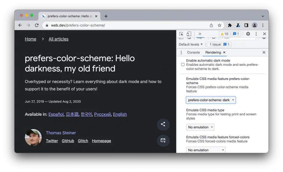 Chrome DevTools Rendering panel with prefers-color-scheme dark mode emulation dropdown selected