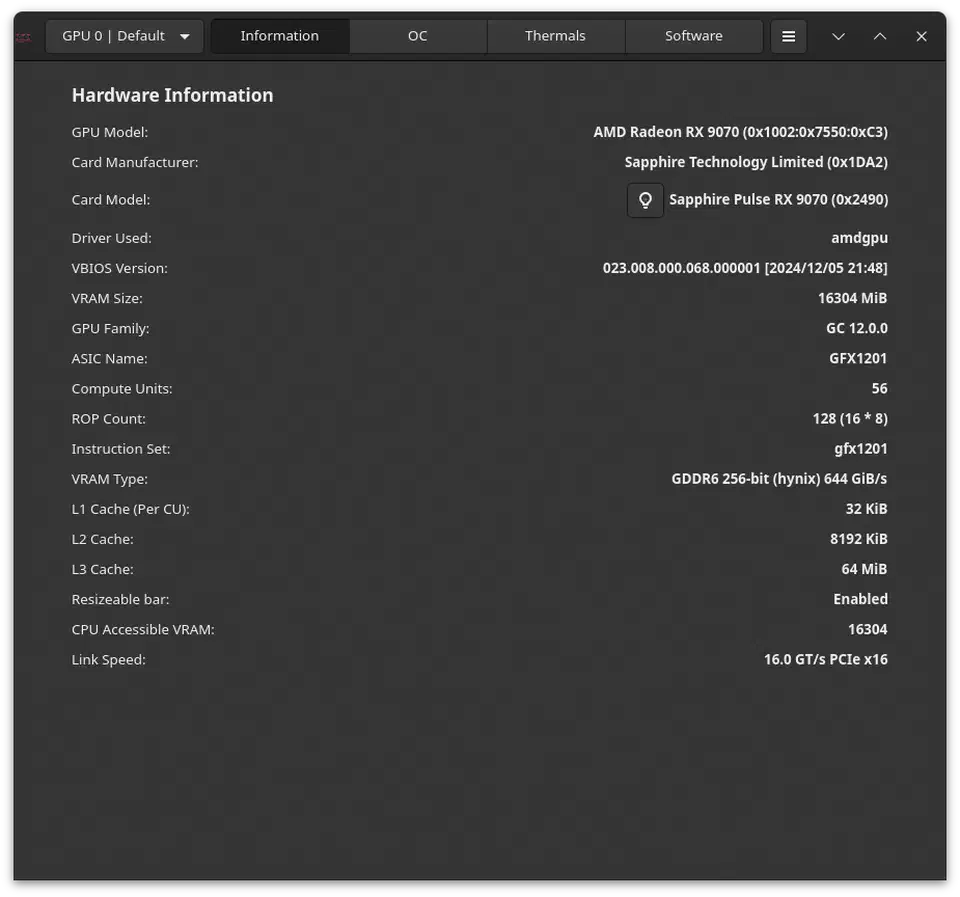 LACT GPU information panel showing temperature, clock speeds, utilization, and power draw