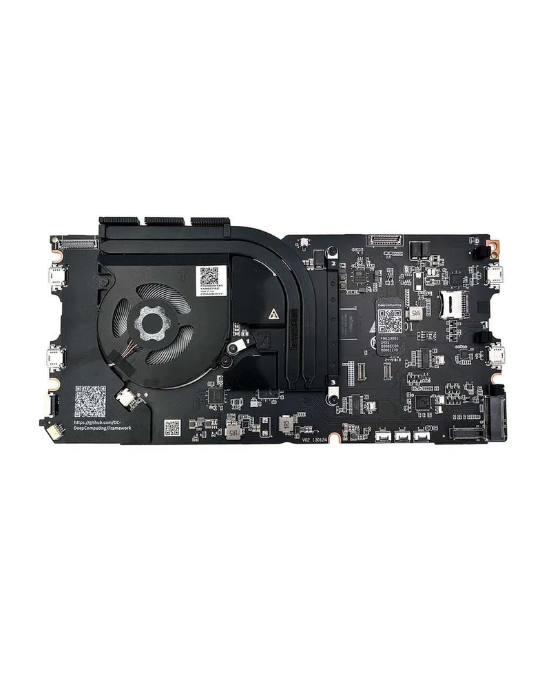 DeepComputing DC-ROMA RISC-V mainboard for Framework Laptop 13 showing the StarFive JH7110 SoC and cooling fan