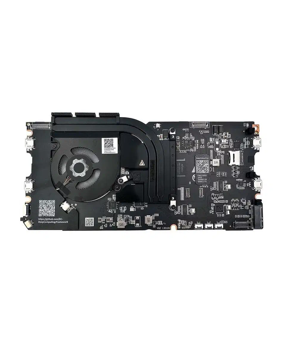 DeepComputing DC-ROMA RISC-V mainboard for Framework Laptop 13 showing the StarFive JH7110 SoC and cooling fan
