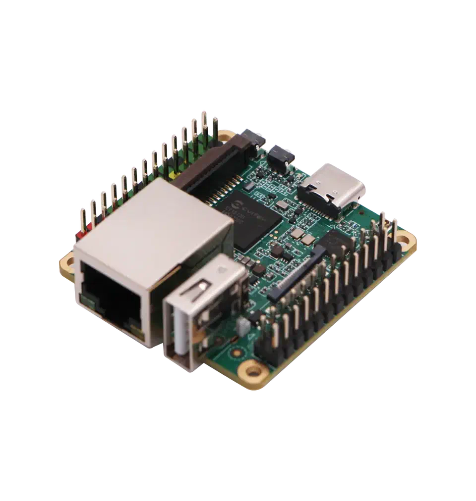 Milk-V Duo S single-board computer with RISC-V processor, Ethernet port, and GPIO headers