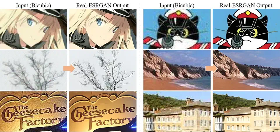 Real-ESRGAN upscaling comparison showing original low-resolution inputs and enhanced high-resolution outputs