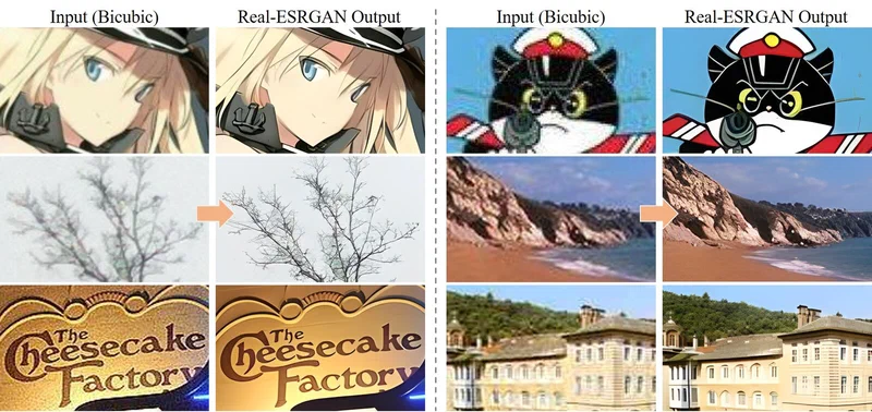 Real-ESRGAN upscaling comparison showing original low-resolution inputs and enhanced high-resolution outputs