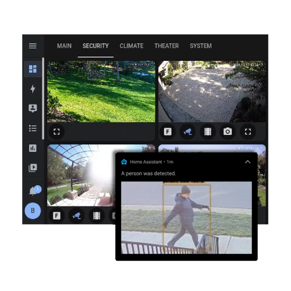 Frigate integration in Home Assistant showing camera entity cards with detection controls and automation options