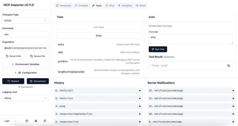 MCP Inspector browser interface showing tool listing and JSON-RPC request testing
