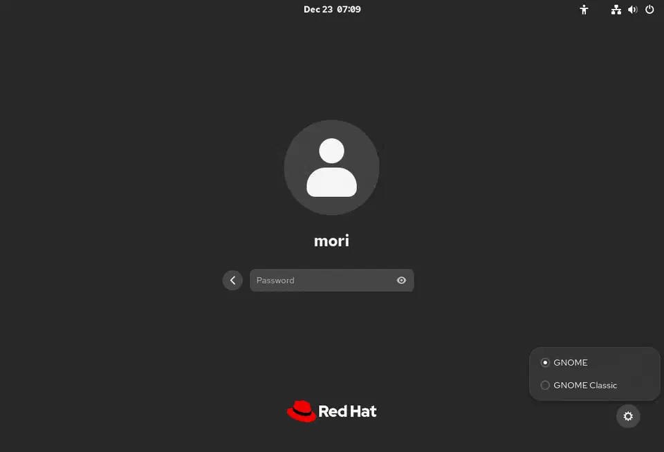 GDM login screen on GNOME 47 showing the session and user selection interface