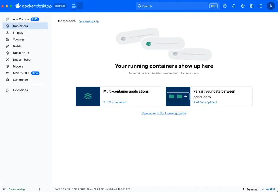 Docker Desktop dashboard showing the Containers view with running services and resource usage