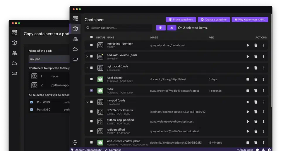 Podman Desktop graphical interface for managing containers and images