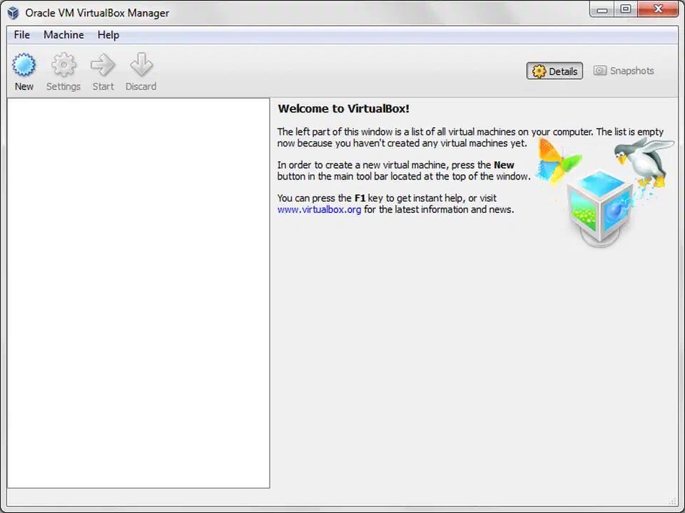 VirtualBox Manager home window showing a list of virtual machines with resource allocation details