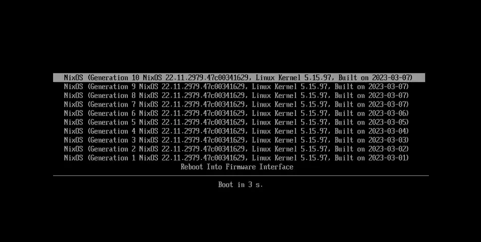 NixOS boot menu showing multiple system generations listed as selectable boot options, with Generation 47, 46, and 45 visible