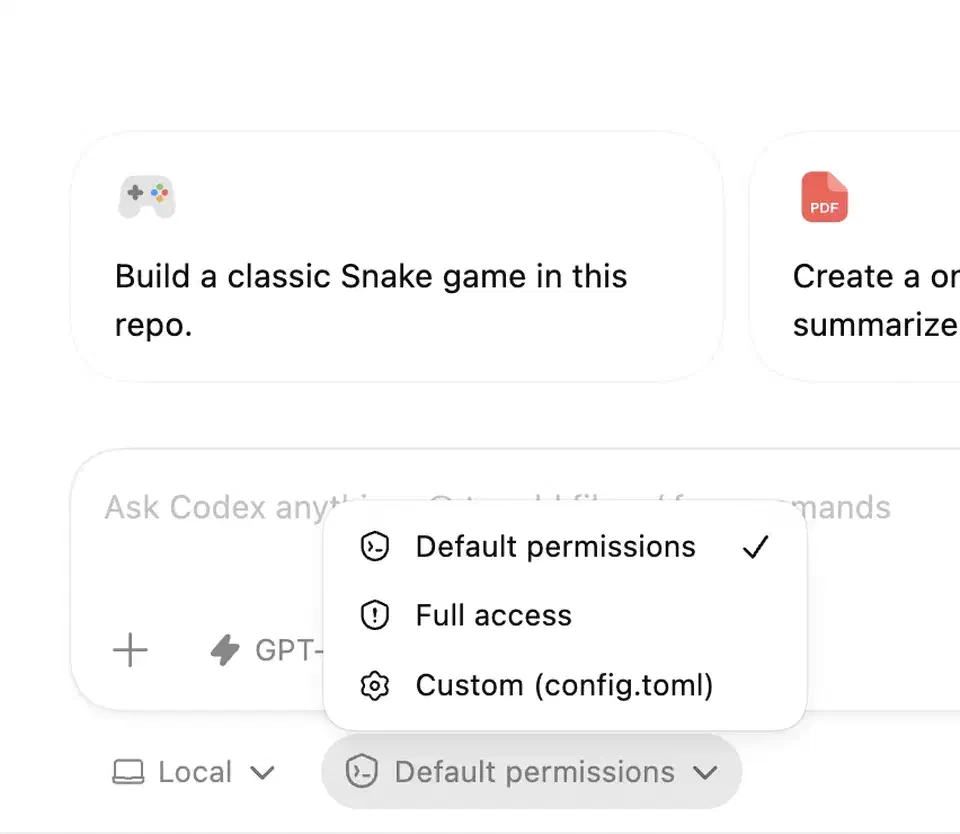 Codex app permissions selector showing sandbox mode options