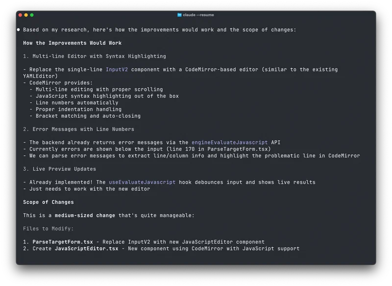 Claude Code Plan Mode output showing an estimated task breakdown for implementing a JavaScript editor upgrade