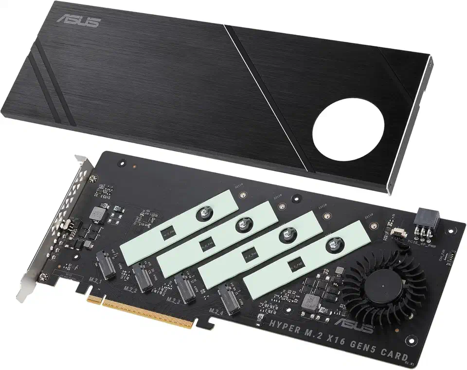 ASUS Hyper M.2 x16 Gen5 Card with heatsink removed showing four M.2 NVMe slots and integrated cooling fan
