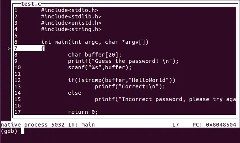 GDB TUI mode showing source code in the top pane with current execution line highlighted