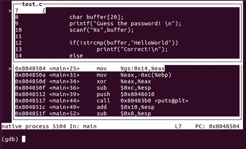 GDB TUI split view showing source code and assembly side by side