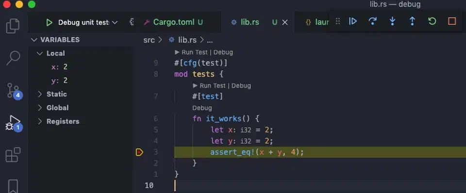 VS Code debugging session with LLDB showing variables panel and breakpoint hit