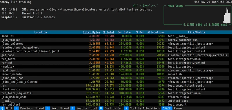memray live mode TUI showing real-time memory allocation tracking in a terminal interface