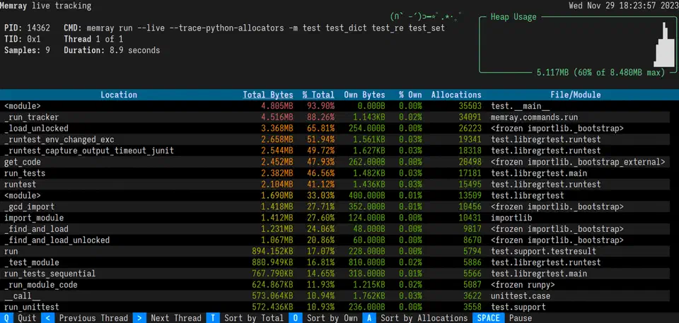 memray live mode TUI showing real-time memory allocation tracking in a terminal interface