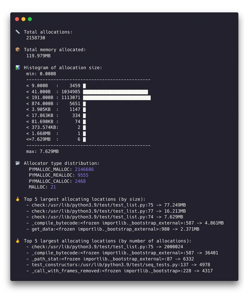 memray stats report showing a sorted table of memory allocations with file paths, line numbers, and sizes