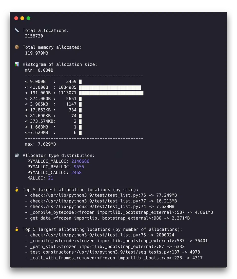 memray stats report showing a sorted table of memory allocations with file paths, line numbers, and sizes