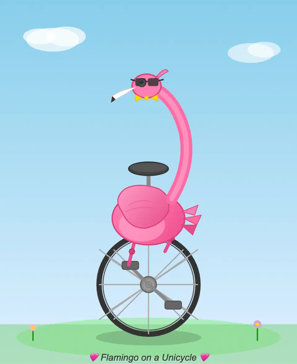 SVG flamingo on a unicycle wearing sunglasses and a bowtie, generated by Qwen3.6-35B-A3B
