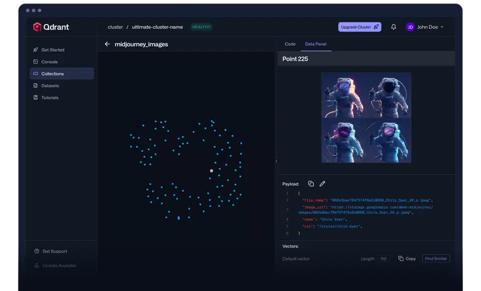 Qdrant web interface showing vector collections with point counts and search testing capabilities