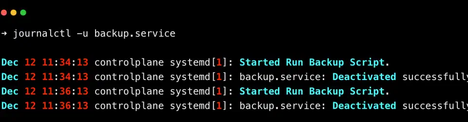 journalctl output showing timestamped log entries for a systemd service