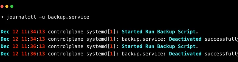 journalctl output showing timestamped log entries for a systemd service