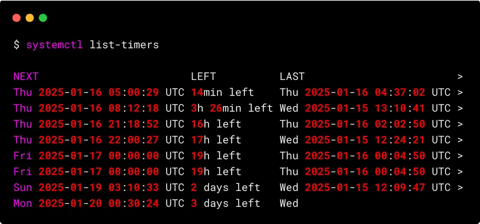 systemctl list-timers output showing active timers with their next and last trigger times