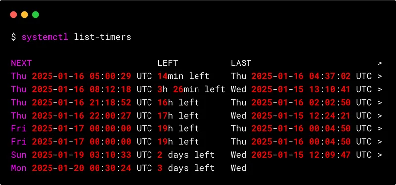 systemctl list-timers output showing active timers with their next and last trigger times