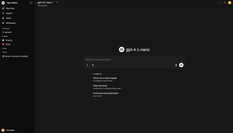 Open WebUI chat interface showing a conversation with model selection and sidebar
