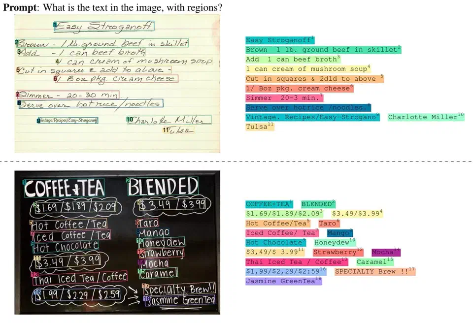 Florence-2 OCR and region detection output showing bounding boxes and extracted text overlaid on an image