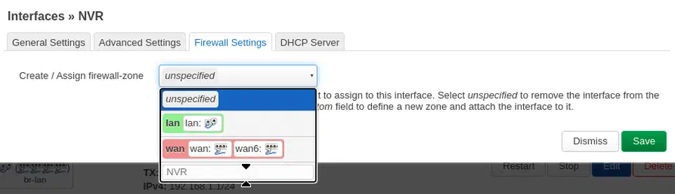 OpenWrt LuCI firewall settings showing a new zone being created for a VLAN