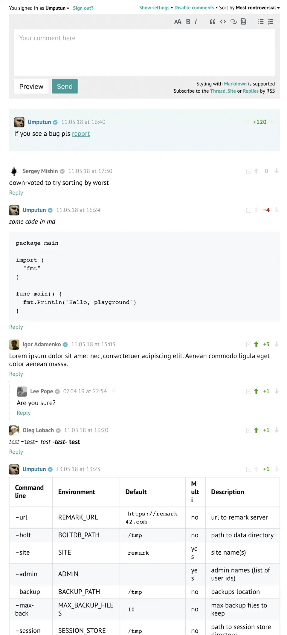 Remark42 comment interface showing threaded discussions with markdown support, voting, and authentication options
