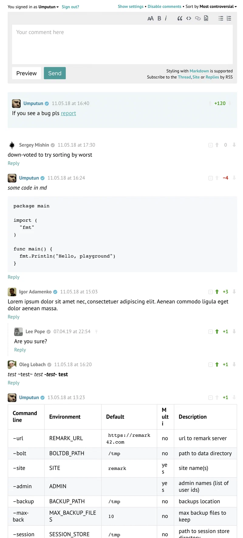 Remark42 comment interface showing threaded discussions with markdown support, voting, and authentication options