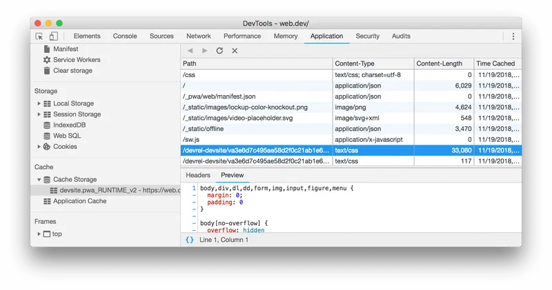 Chrome DevTools Cache Storage panel displaying cached resources with their request URLs and response details