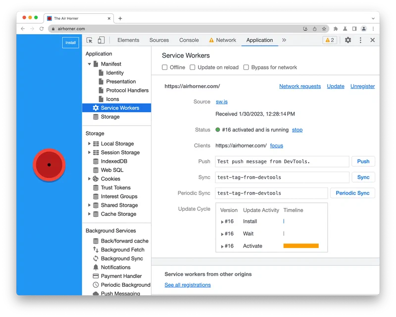 Chrome DevTools Application panel showing the Service Workers section with registration status, update controls, and offline toggle