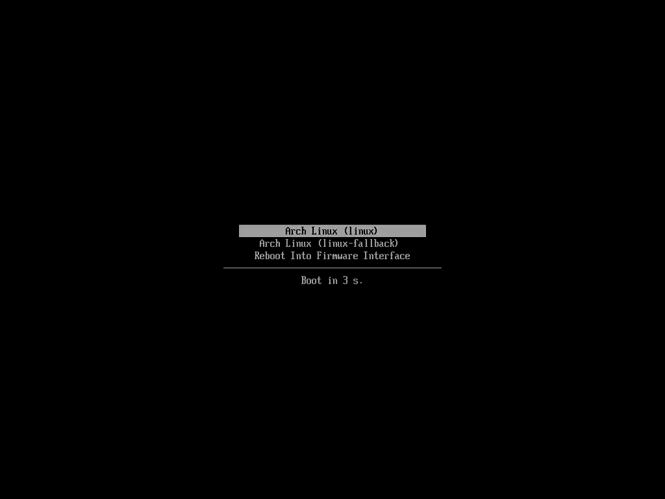 systemd-boot text menu on Arch Linux showing Arch Linux, Arch Linux fallback, and Reboot Into Firmware Interface options with a 3-second countdown