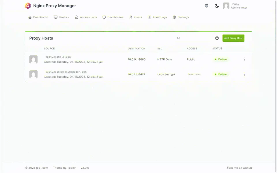 Nginx Proxy Manager proxy hosts dashboard showing configured domains and SSL status