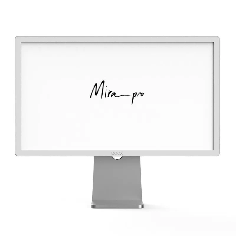 BOOX Mira Pro 25.3-inch E-Ink monitor with silver stand and minimal white bezel design