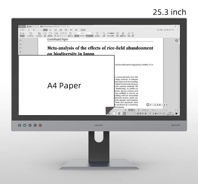 Dasung Paperlike 253 E-Ink monitor displaying a document with an A4 paper size comparison overlay