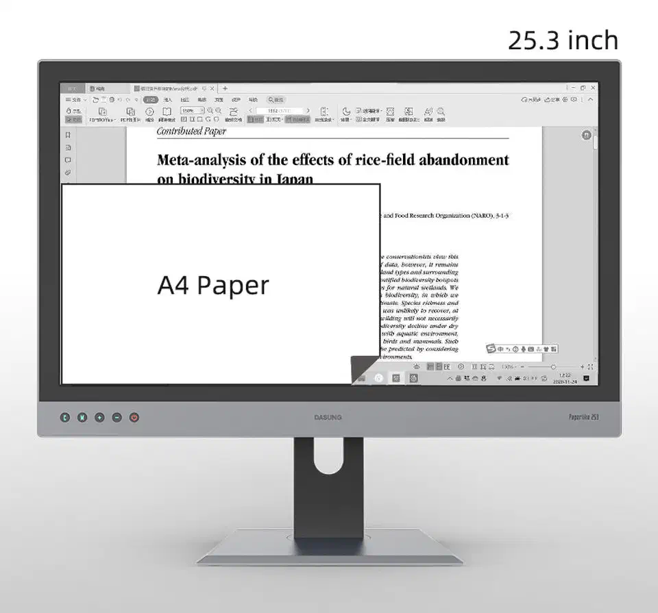 Dasung Paperlike 253 E-Ink monitor displaying a document with an A4 paper size comparison overlay