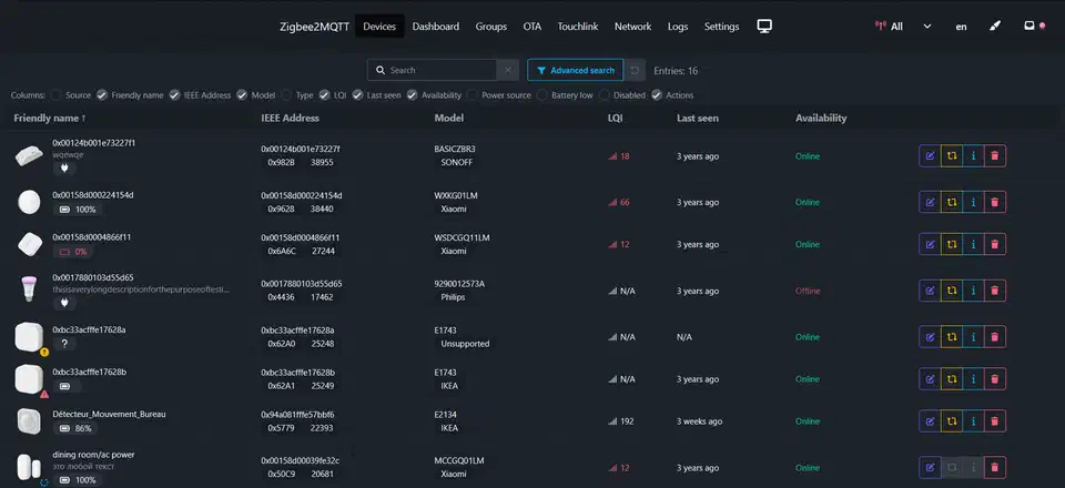 Zigbee2MQTT WindFront dashboard showing paired devices, network map, and device configuration