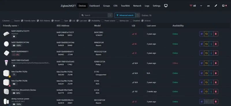 Zigbee2MQTT WindFront dashboard showing paired devices, network map, and device configuration