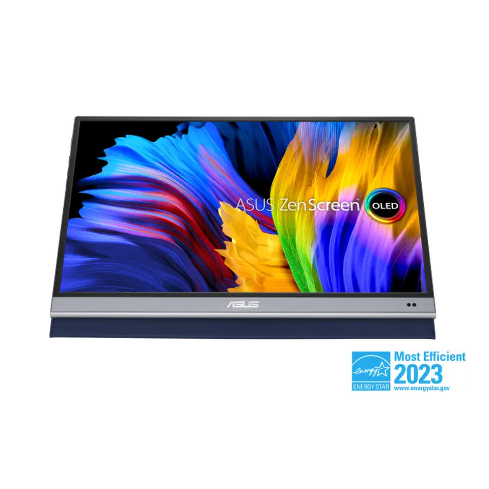 ASUS ZenScreen OLED MQ16AH portable monitor showing a vibrant display on its slim stand