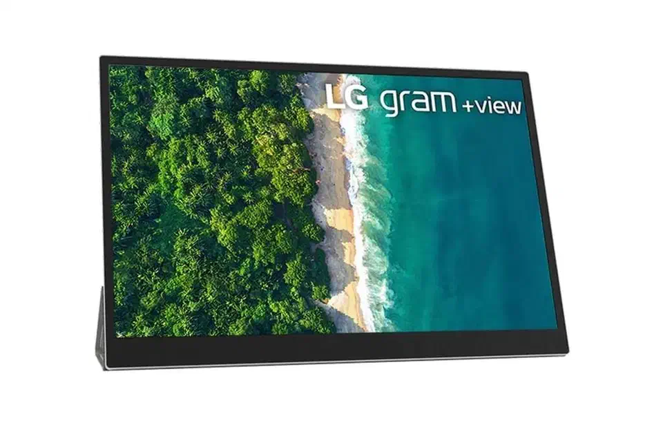 LG gram +view 16MQ70 portable monitor with thin bezels and built-in kickstand displaying a landscape scene