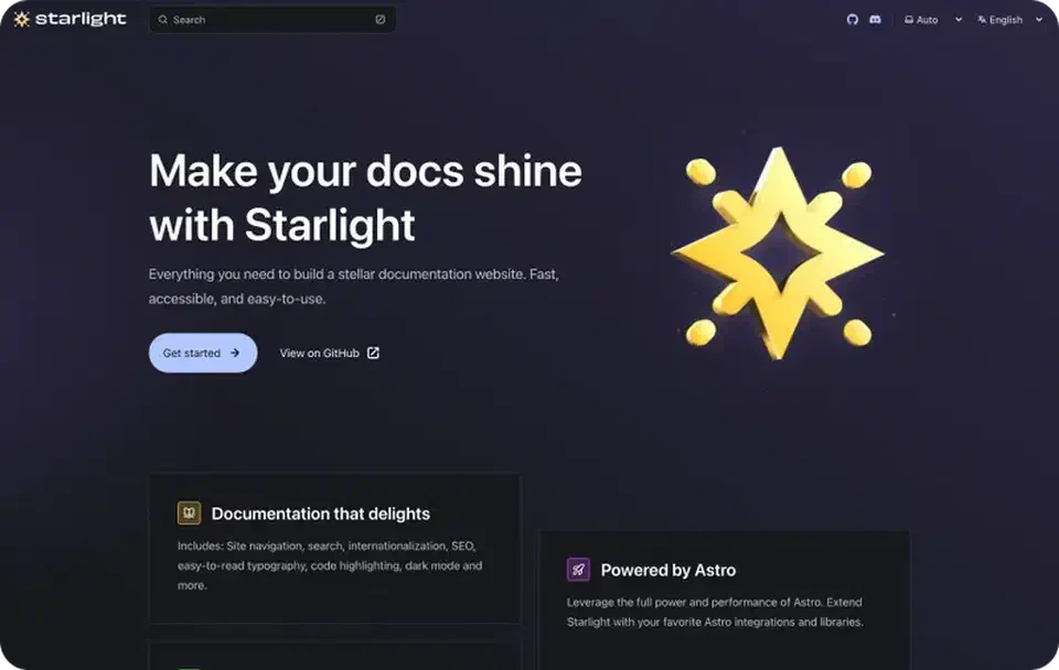 Astro Starlight documentation theme showcasing clean layout with sidebar navigation and content sections