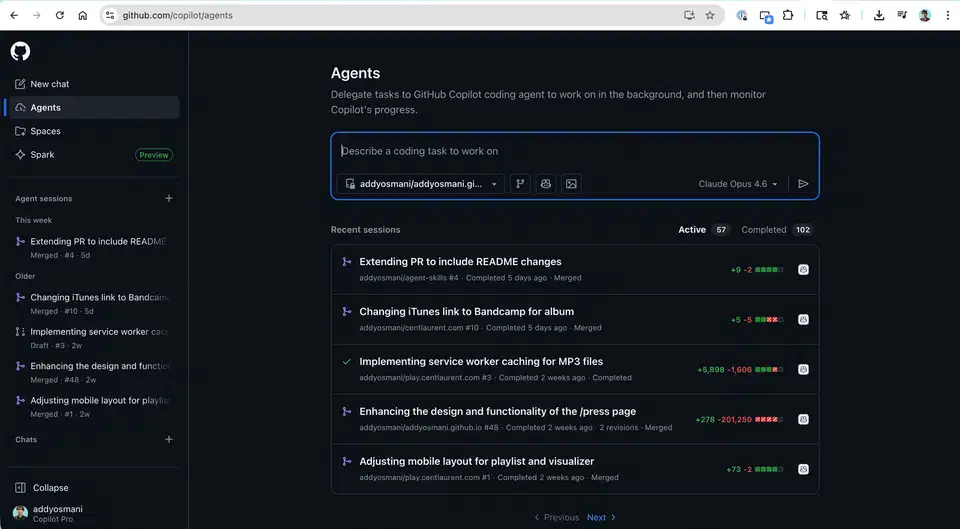 GitHub Copilot Coding Agent panel showing async issue-to-PR workflows