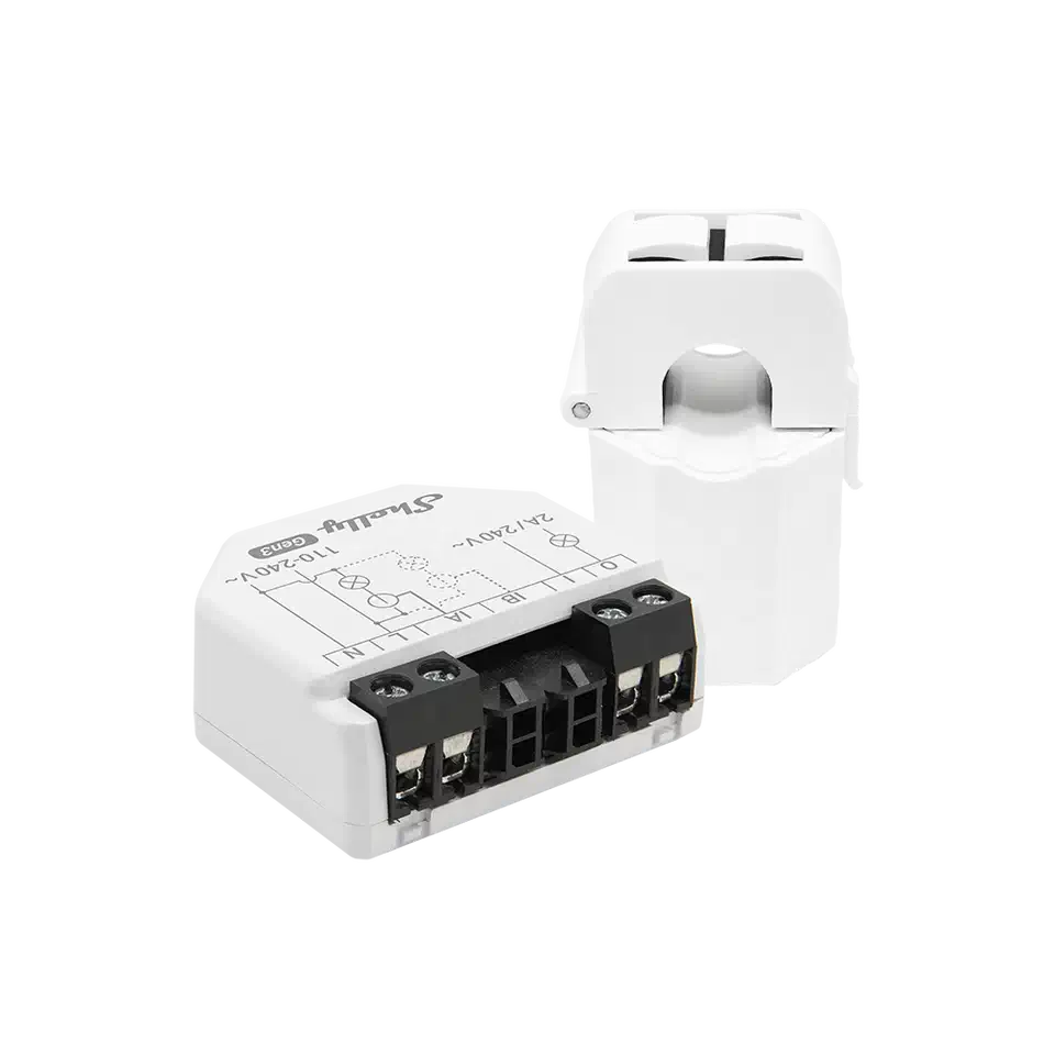 Shelly EM Gen3 smart energy monitor showing the compact white device with DIN rail mount